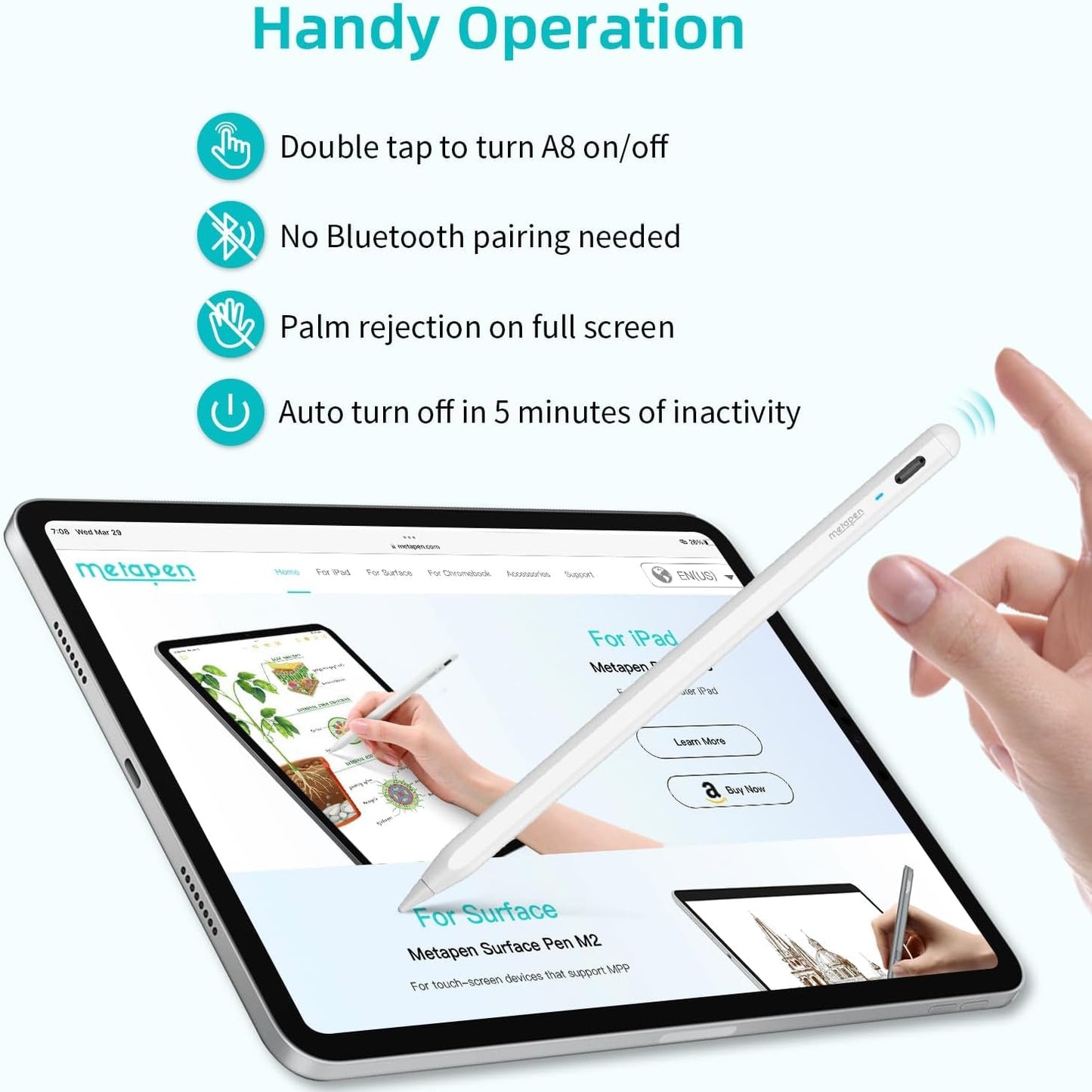 Metapen iPad Pencil A8 for Apple iPad 10th/9th, Backup for Apple Pen Pencil 2nd 1st Generation, Stylus Pen for iPad Air 5/4/3, iPad Pro 12.9" /11" 丨2X Faster Charge & 2 Spare Tips, Palm Rejection