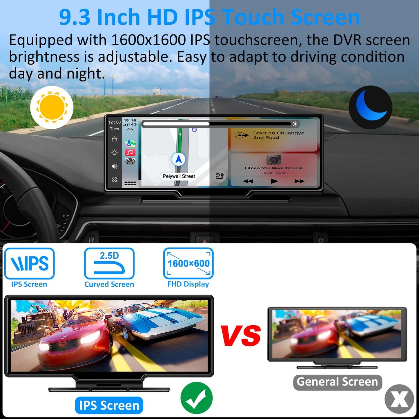 Trumsey Portable Built-in 2.5K Dash Cam Car Stereo - 9.3" HD IPS Screen, Wireless Carplay & Android Auto, Front and Back Loop Recording, 1080p Backup Camera DVR, Bluetooth, Car Radio Receiver