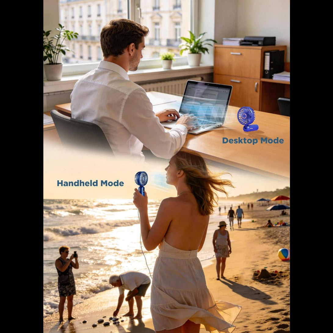Handheld Fan, Mini Portable Fan USB Rechargeable, Small Pocket Fan 5 Speeds with Lanyard and Base, Built-in 1200mAh Battery USB Desk Fan Foldable for Office, Outdoor, Home, School