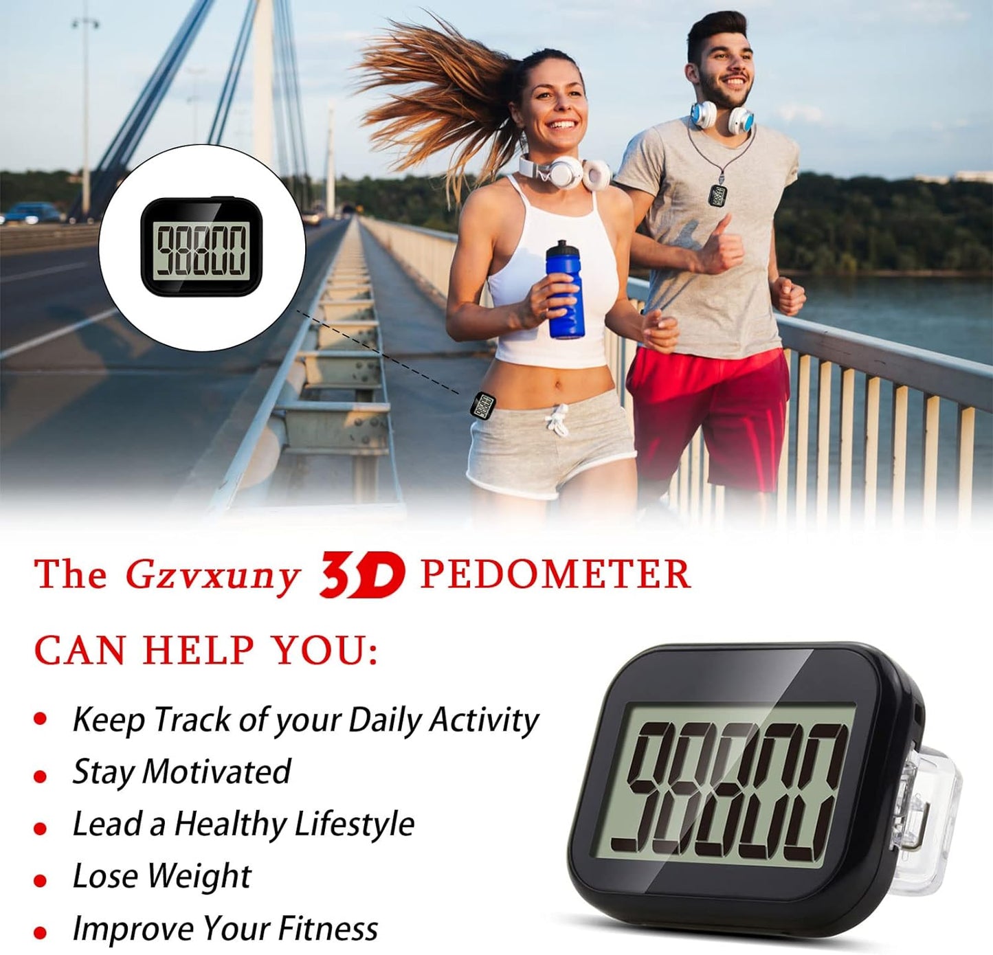 Gzvxuny Pedometer for Walking, Pedometer Clip On Step Counter with Large Display and Lanyard, Accurate Fitness Tracker, Pedometers for Steps Clip On for Seniors, Kids, Men and Women (Black)