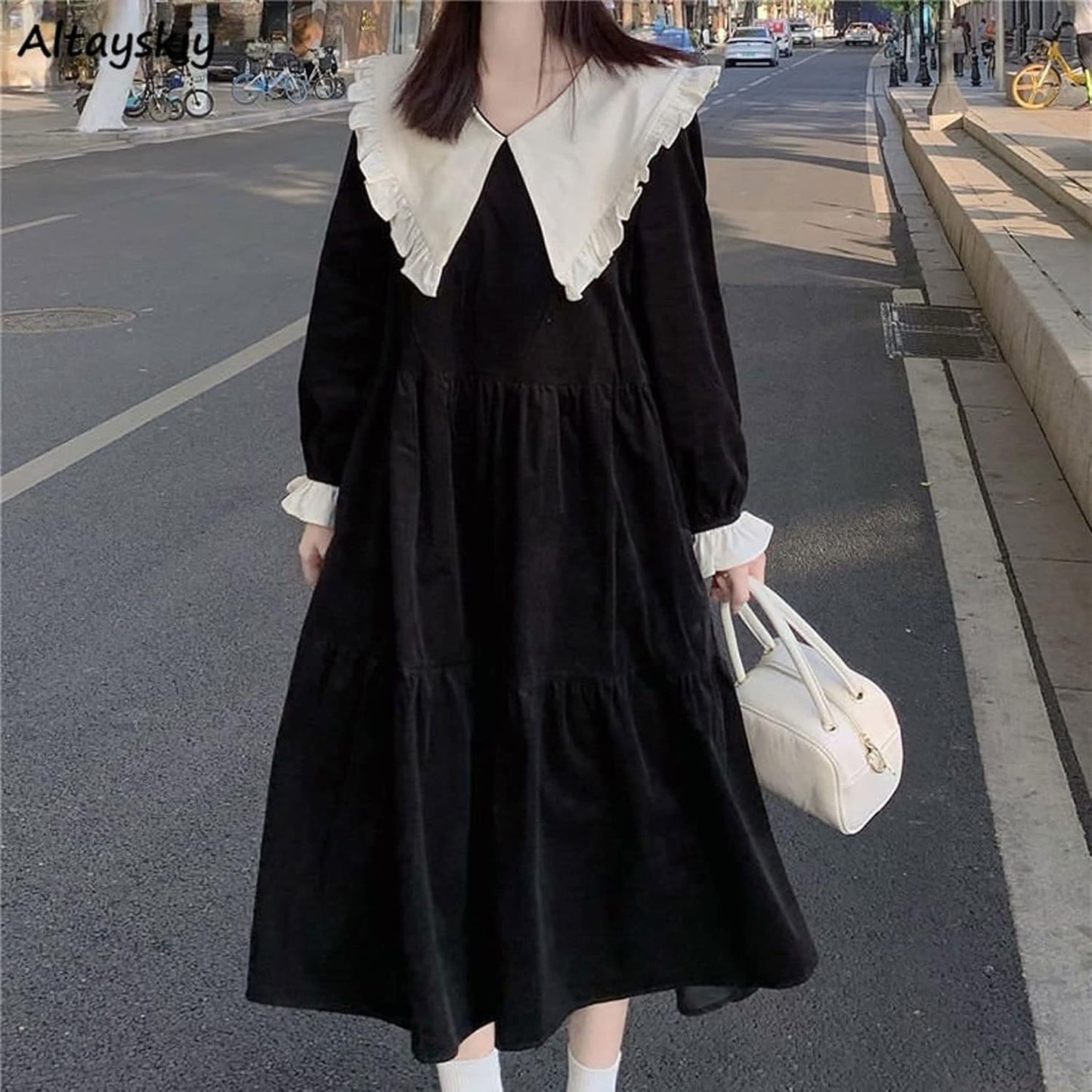 Dress, Dress Women Collar Minimalist All-match Casual Autumn Tender Preppy Style Elegant College Hot Sale (Size : M)