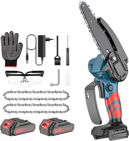 Mini Chainsaw with Battery, Brushless, 6 Inch, Battery, One-Hand Brushless Chainsaw, Electric Hand Chainsaw, 2 x 2000 mAh Battery