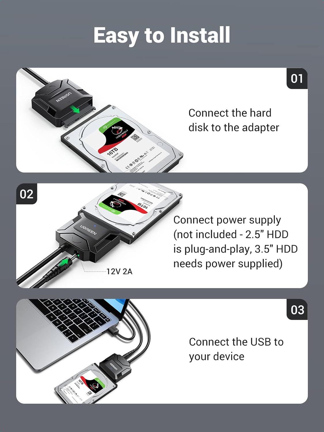 كابل محول UGREEN SATA إلى USB 3.0 لقارئ محركات الأقراص الصلبة SSD/HDD مقاس 3.5 بوصة/2.5 بوصة، يدعم محول محركات الأقراص الصلبة SATA III UASP، متوافق مع Samsung Seagate WD Hitachi مع محول طاقة 12 فولت