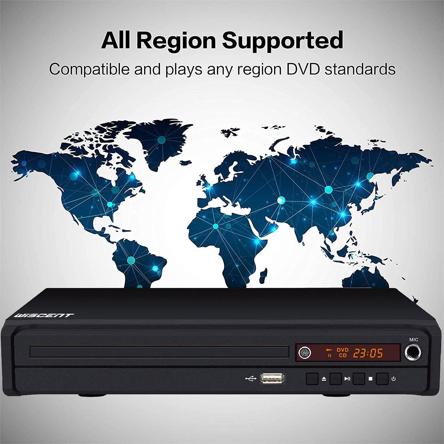 WISCENT DVD Player for Smart TV Support 1080P Full HD with HDMI Output,CD/MP3/USB Player for Home, All Region-Free, Remote Control/AV/HDMI Cable Included(non blueray)