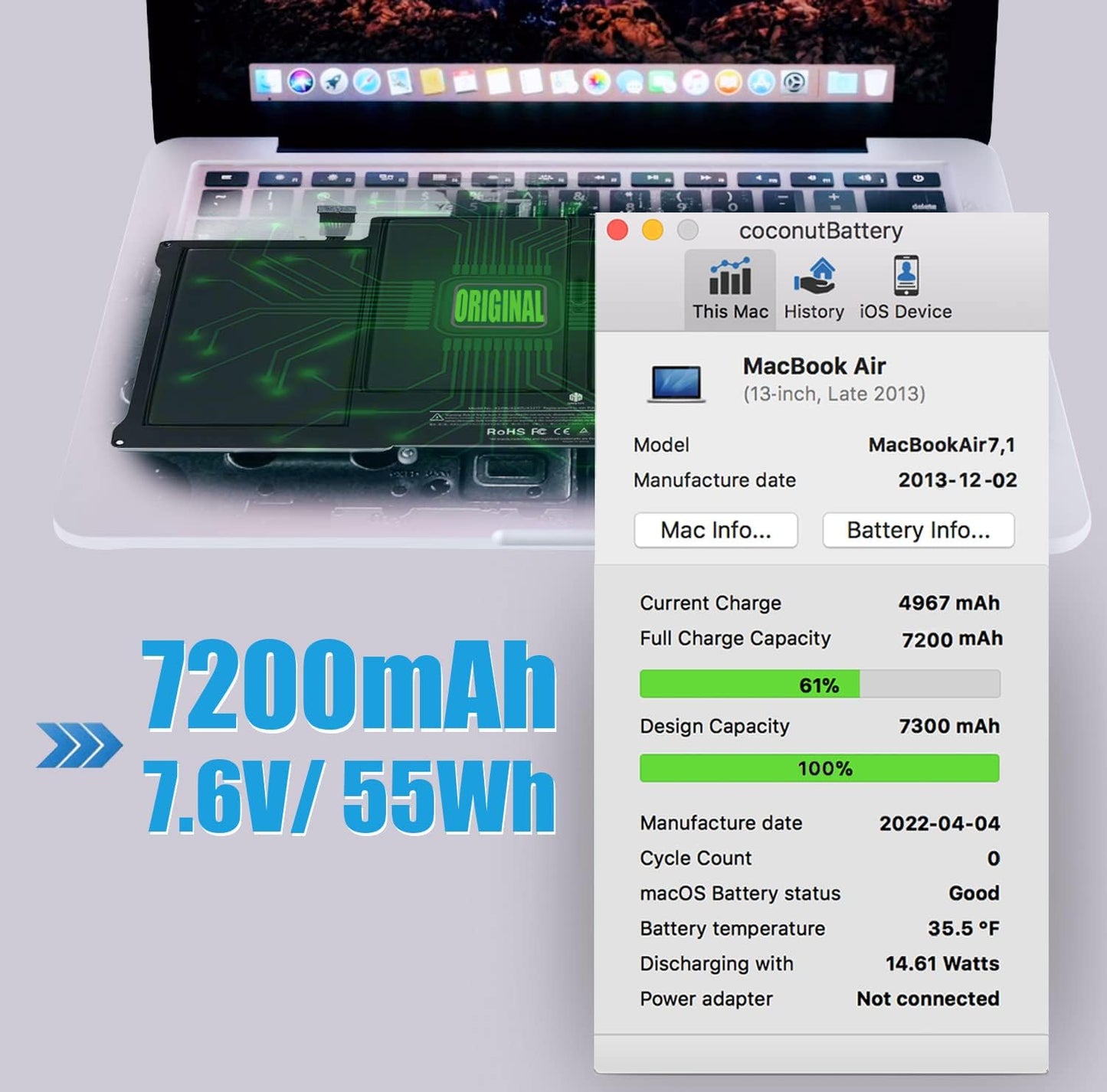 بطارية بديلة SNSYIY لجهاز MacBook Air مقاس 13 بوصة A1466 (منتصف 2012، منتصف 2013، أوائل 2014، أوائل 2015، 2017) A1369 (أواخر 2010، منتصف 2011) بطارية كمبيوتر محمول 7200 مللي أمبير/ساعة لجهاز Apple MacBook Air A1496 A1377 A1405