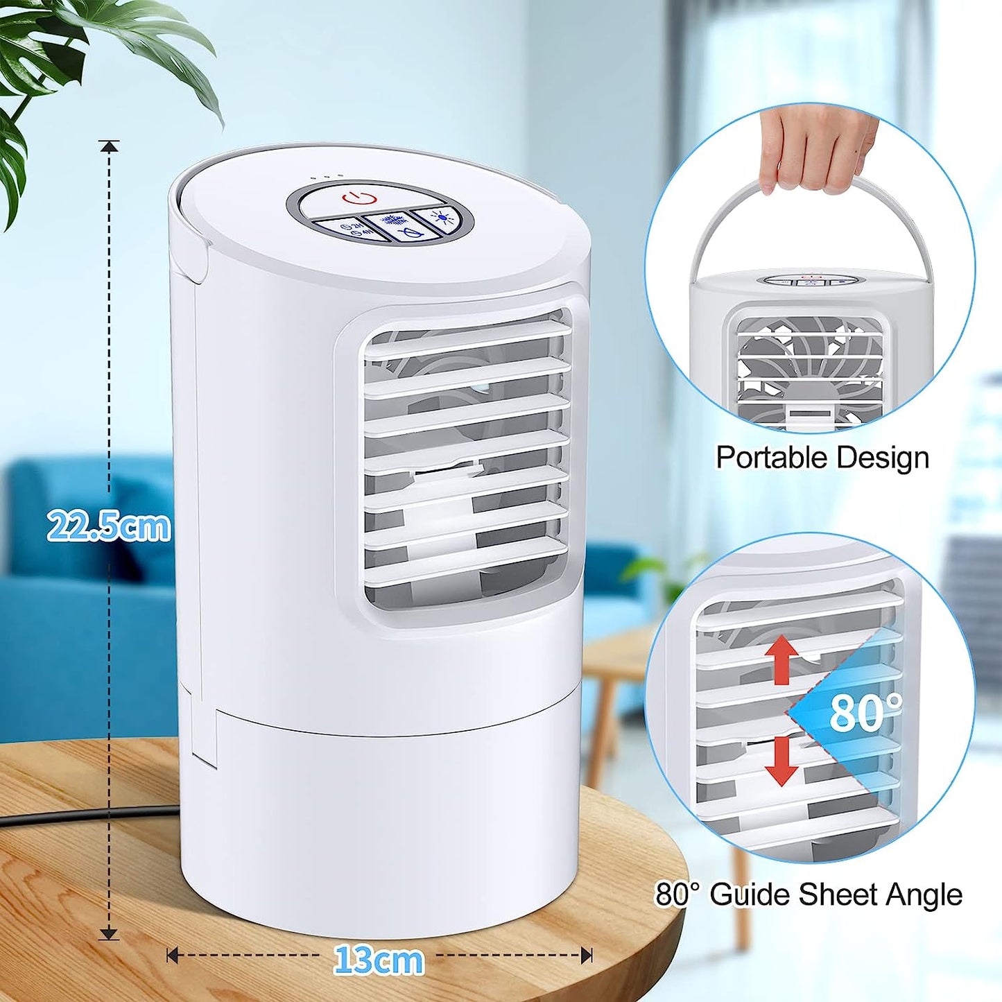 Mobile Air Conditioner, Mini Personal Air Conditioner, 4 in 1 Air Cooler, Fan, Evaporative Cooler, Humidifier, Air Cooler, Portable 3 Wind Speeds and 7 LED Colours (White)