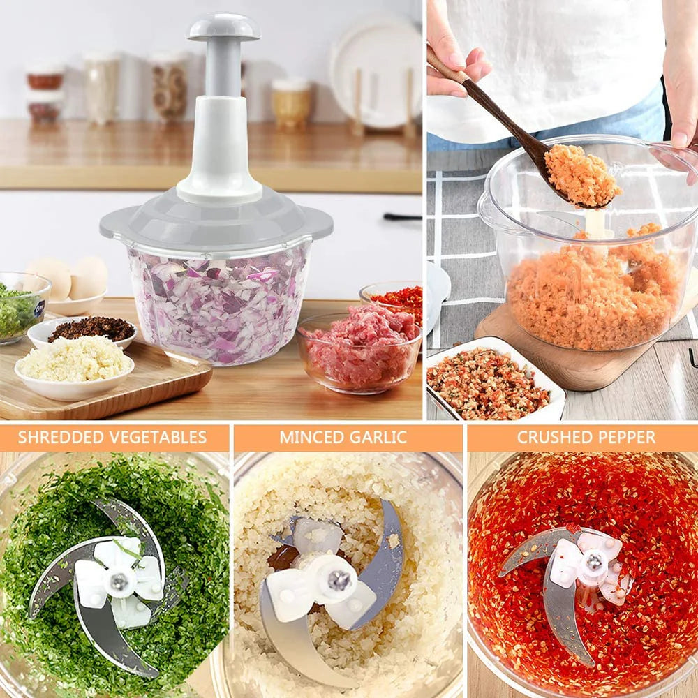 Food Chopper - 6 in 1 Manual Food Chopper Quick Press - 2L Large Vegetable Chopper - Perfect for Onion, Baby Food, Spices, Garlic, Fruits, Nuts and Meat Chops - 4 Blades