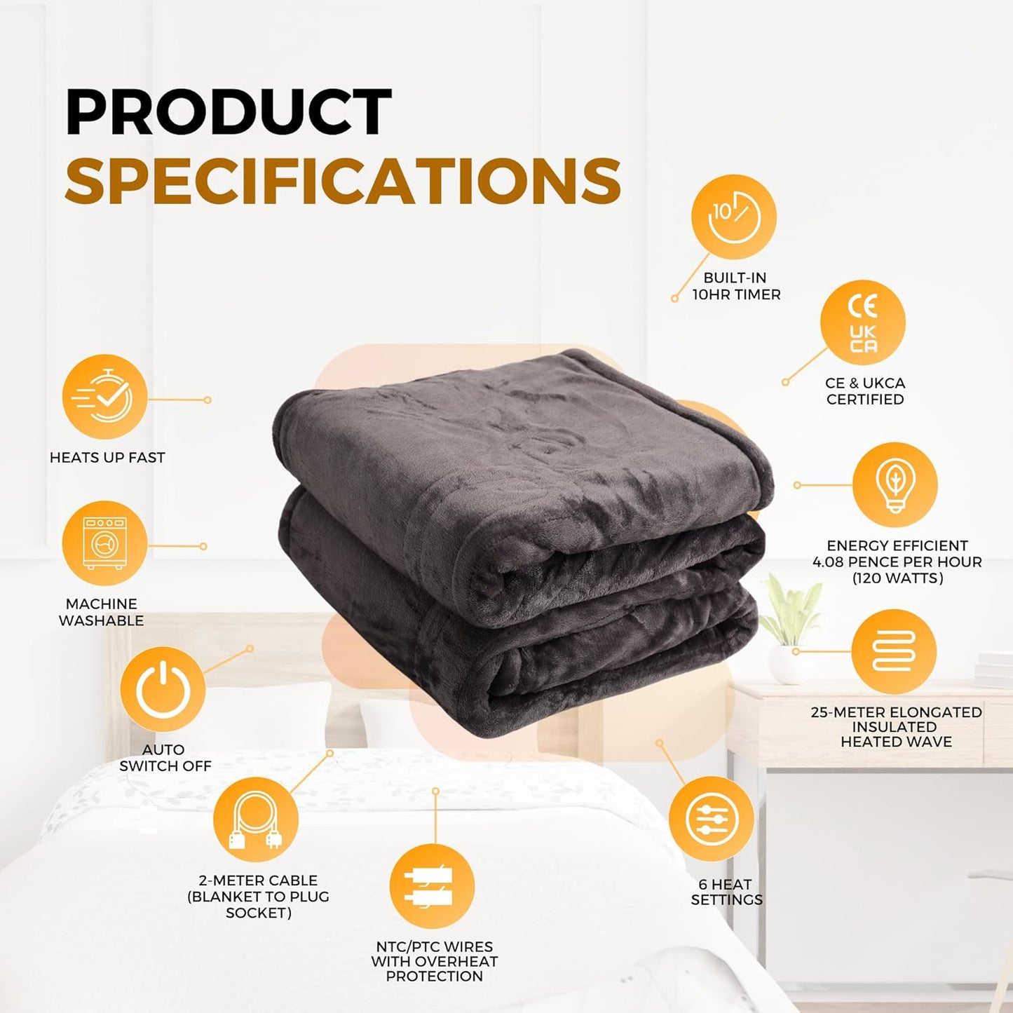 Electric Blanket 150x180cm Heated Throw Blanket with 6 Heat Levels & Up to 9 Hours Timer Flannel Sherpa Fast Heating | Machine Washable Comes with Lap Blanket | Double to King | Grey