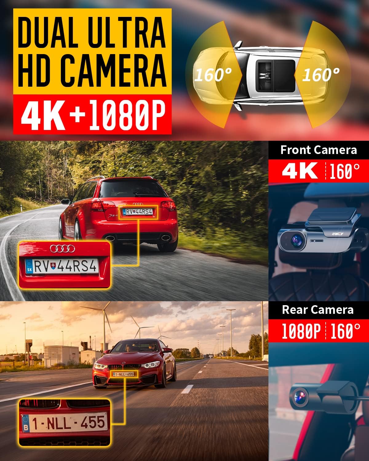 IIWEY EY02 4K Dash Cam Front and Rear Built-in 5GHz WiFi, Dual Dash Cam Front 4K Rear 1080P Car Camera, Free 64GB SD Card, Super Night Vision, App Control, Supercapacitor, Parking Mode, USB C Port