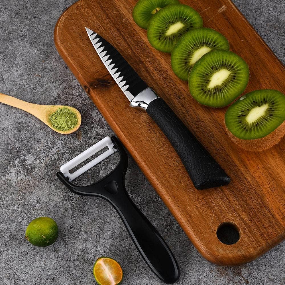 EVERIERH 6 Pieces Black Knife Set, Stainless Steel and Non-Stick Blades, Including Peeler and Scissor, Kitchen Cutlery Knives Set, Cooking Utensil Sets, Daily Use with Gift Box