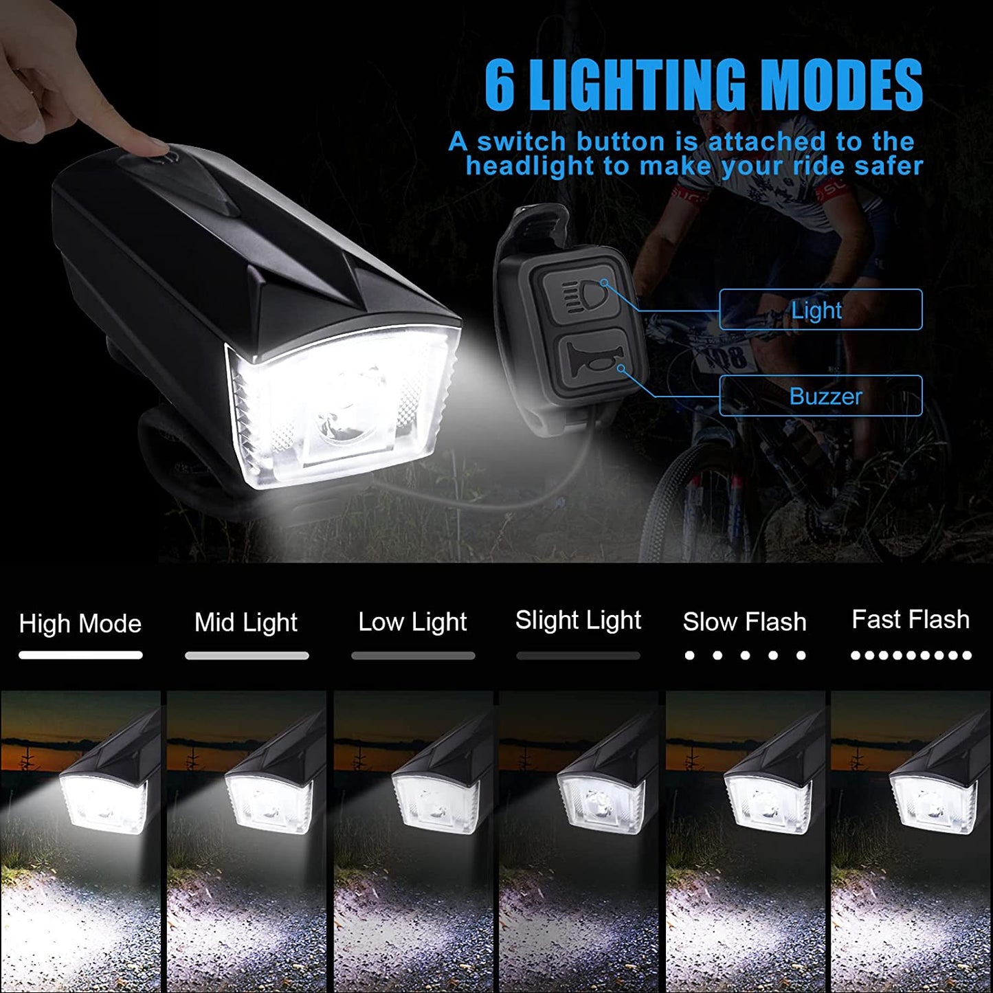 مجموعة مصابيح دراجة LED، مصابيح دراجة قابلة لإعادة الشحن عبر USB، 6 أوضاع إضاءة دراجة، مصابيح دراجة مقاومة للماء، مصابيح ركوب الدراجات الأمامية والخلفية، مصباح دراجة جبلية، مصباح دراجة طريق، ملحقات دراجة إلكترونية مع جرس إنذار