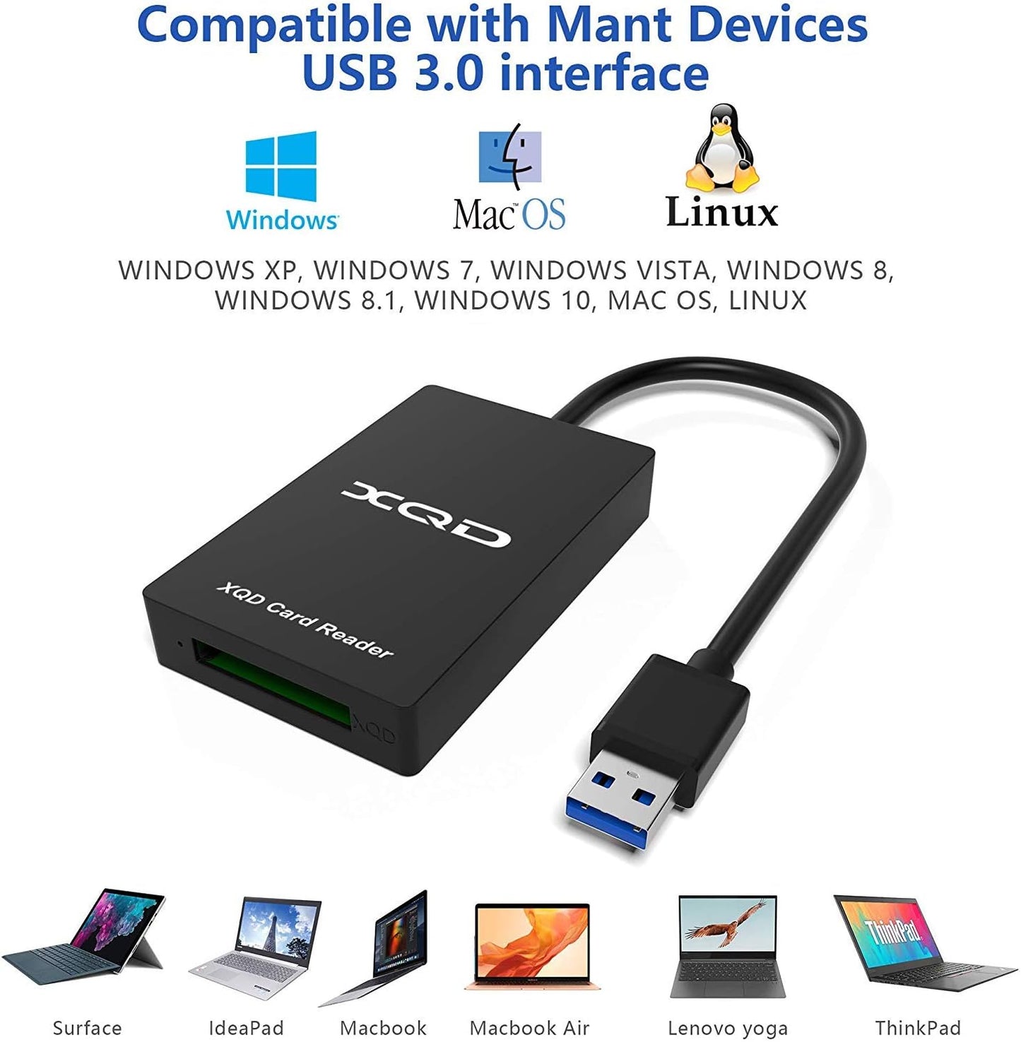 قارئ بطاقات USB 3.0 XQD، قارئ بطاقات ذاكرة XQD، متوافق مع بطاقات Sony G/M Series USB Mark XQD، وبطاقات Lexar 2933x/1400x USB Mark XQD
