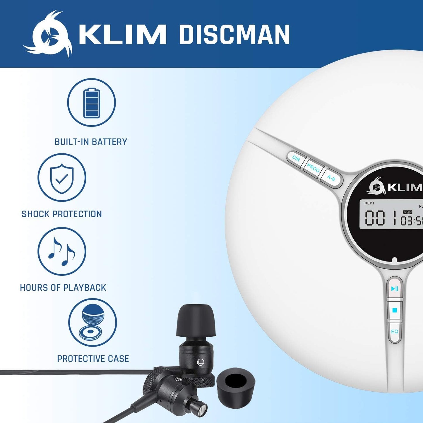 KLIM Discman Portable CD Player with a Built-in Battery - New 2023 Version + Ideal Car CD Player with Earphones + Compatible CD-R, CD-RW, MP3. Compact Mini CD Players Personal CD Walkman - White
