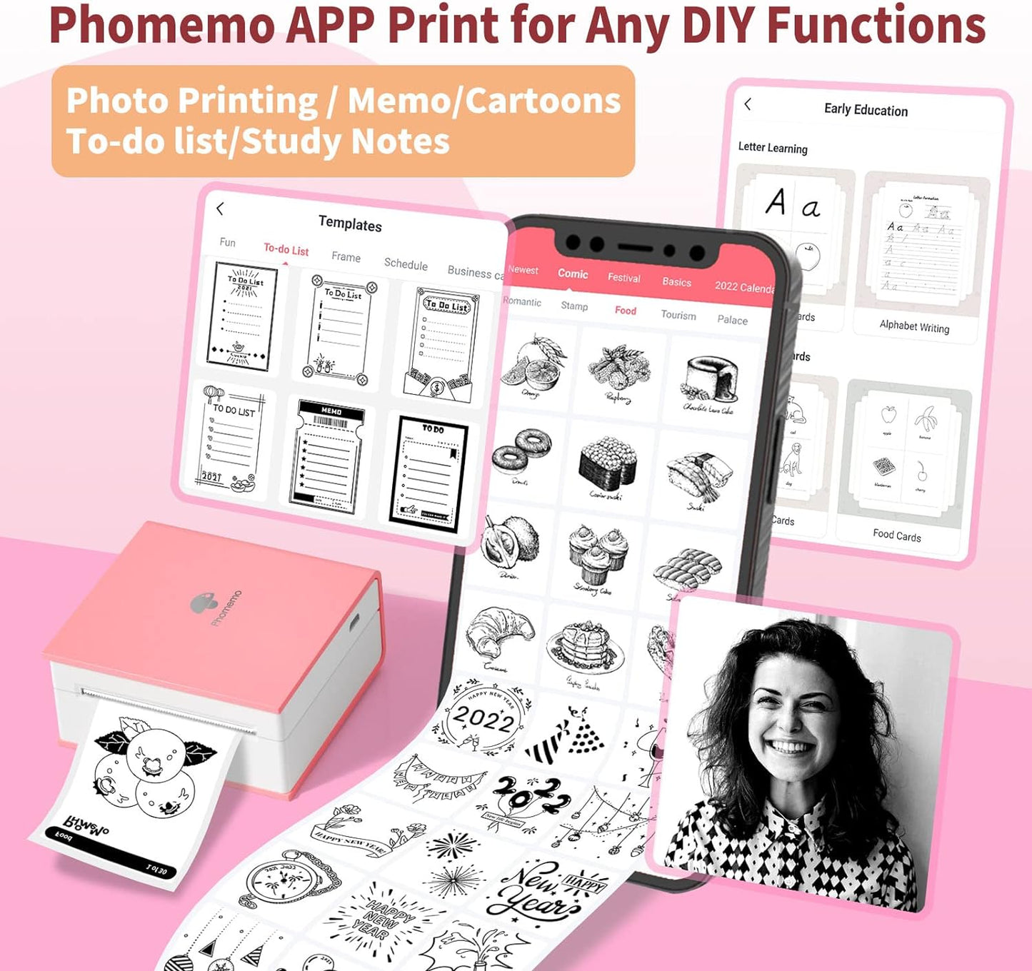Phomemo Mini Pocket Printer - M02 Bluetooth Wireless Thermal Sticker Printer for Phone, Compatible with iOS & Android, Fun Gift for Christmas New Year, for Retro-Style Photos, Child Painting,Pink