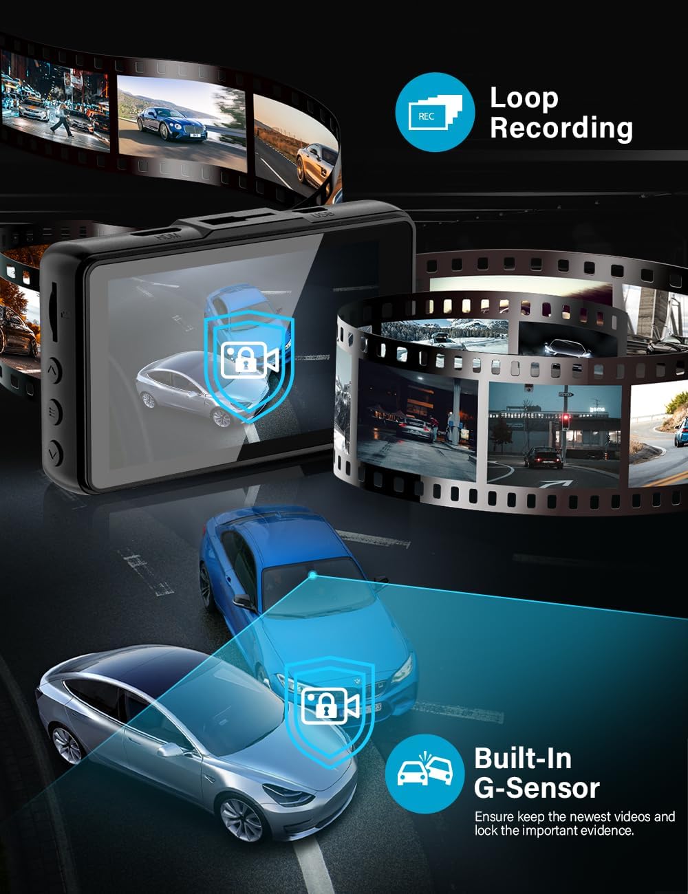 IIWEY DC01 Dash Cam Front and Rear Camera FHD 1080P with Night Vision SD Card Included, 3 Inch IPS Screen Dash Cam for Car, 170° Wide Angle Dashboard Camera Motion Detection Parking Monitor G-Sensor