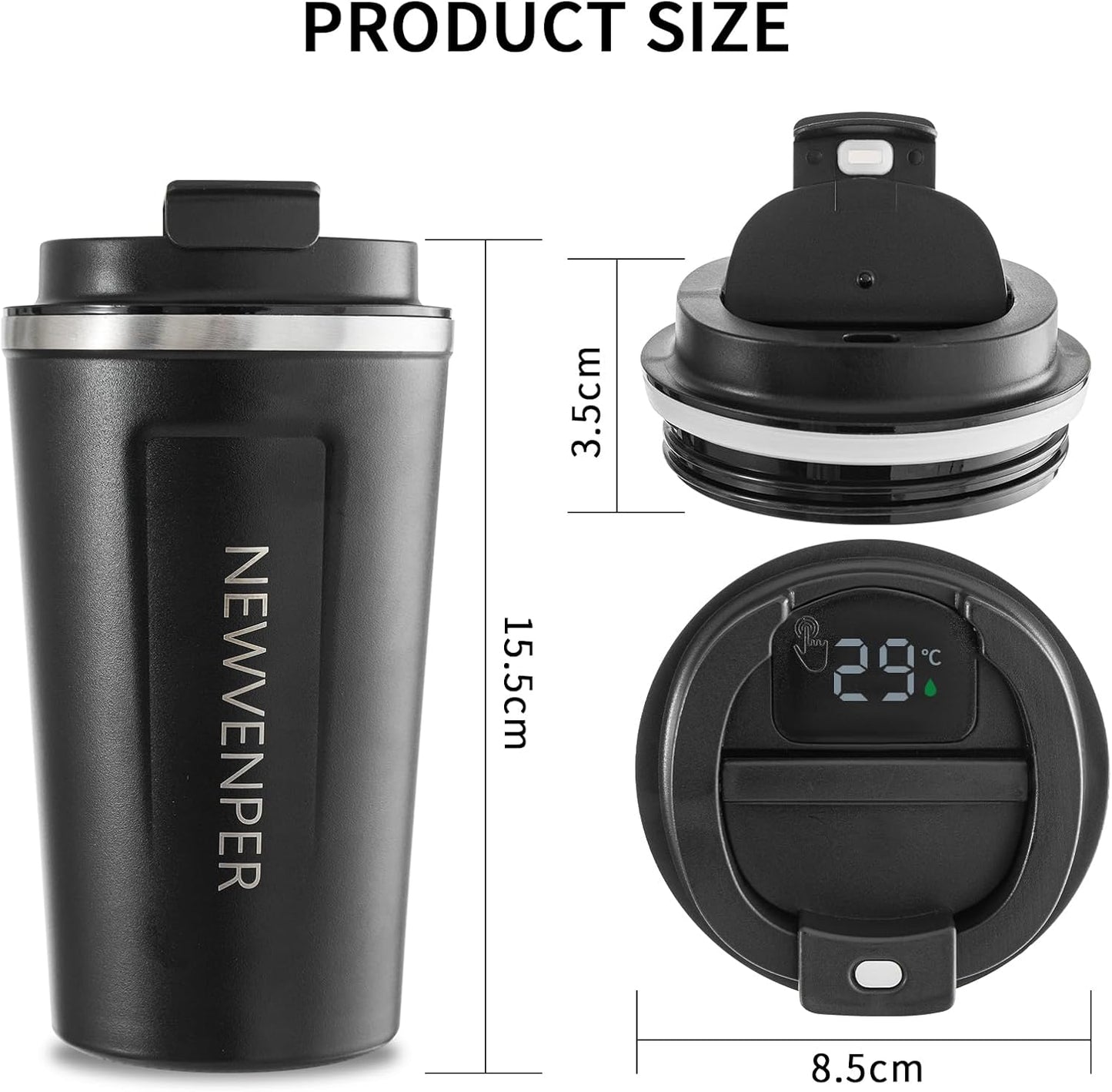 Stainless Steel Vacuum Insulated Travel Coffee Mug, Led Temperature Display Insulated Tumbler, Leak Proof with Lid Keeps Cold and Warm, Suitable for Coffee, Tea and Beer - 510ml
