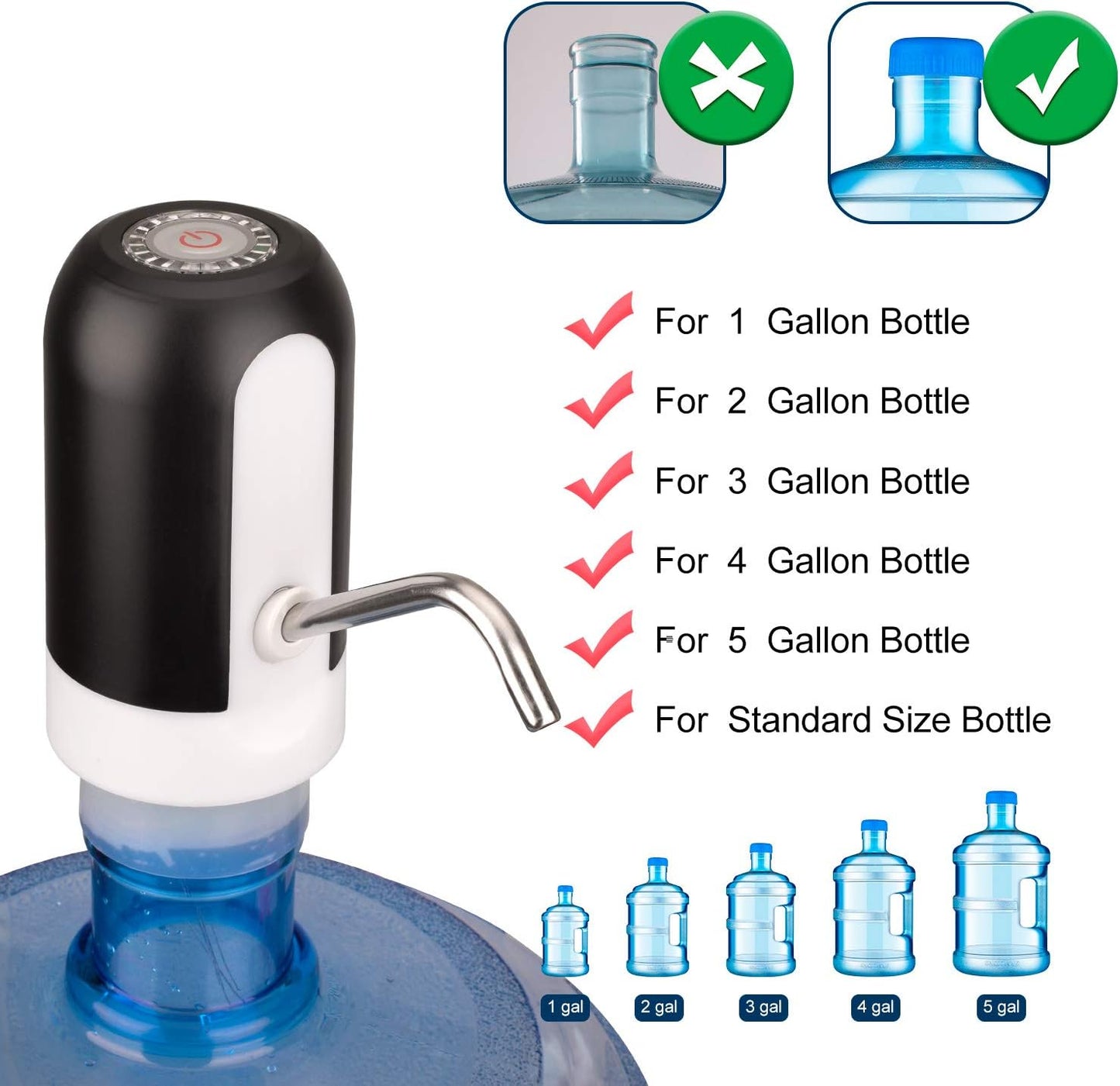 5 Gallon Rechargeable Water Dispenser - One Button Pump with Replaceable Suction & Outlet Pipe