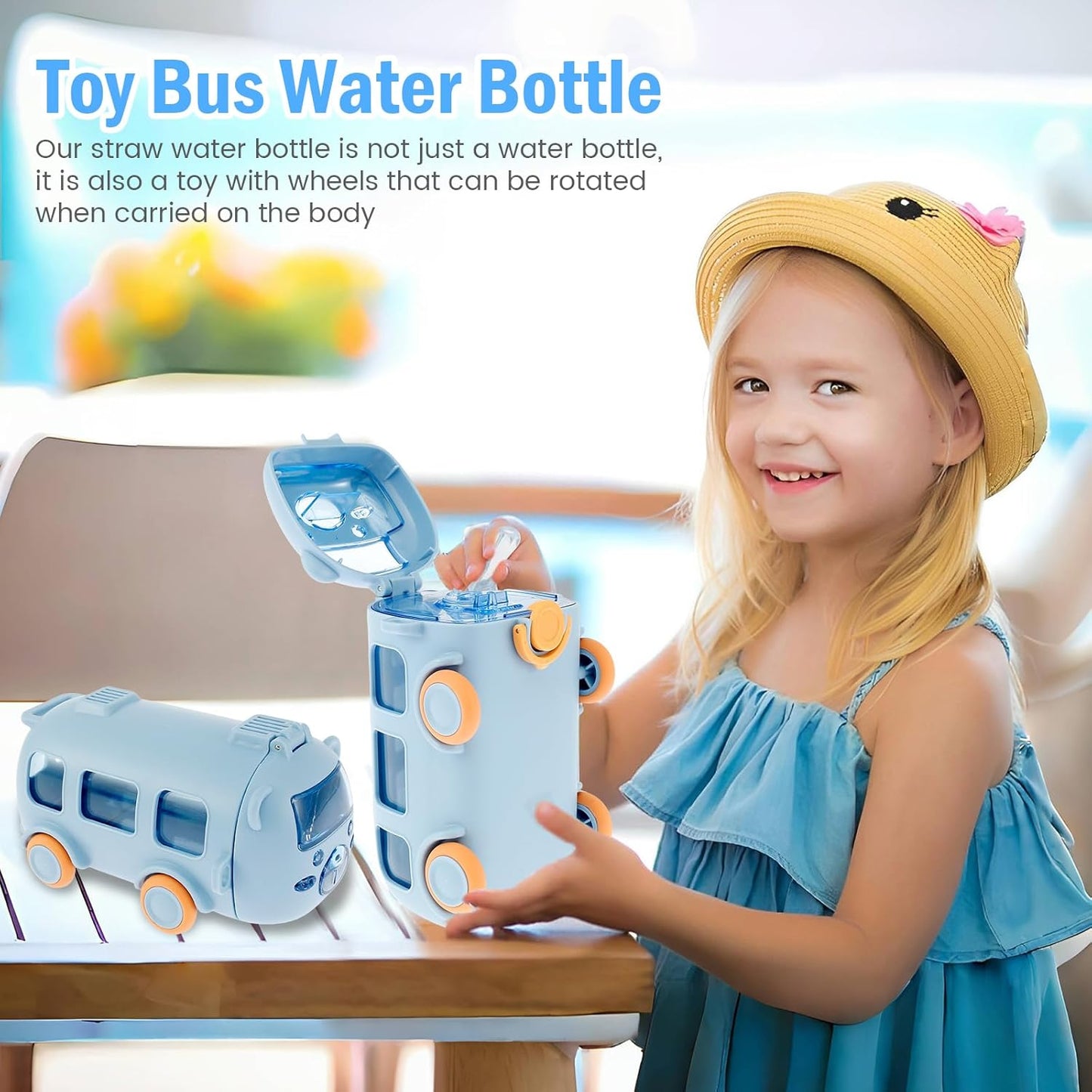 Bus Water Bottle For Kids Cute Portable Water Cup in Bus Shape 500ml Leakproof Toy Bus Water Bottle with Straw Adjustable Shoulder Strap for Girls Boys School Home Outdoor Drinking Bottle(blue)