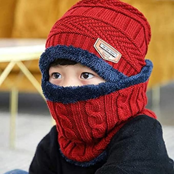 Winter Cap Set Caps with Fur Lining, Beanie Cap & Muffler for Men & Women| Beanie Cap| Woolen Topaa| Winter Cap| Head & Neck Warmer| Black Color| 1 Set|