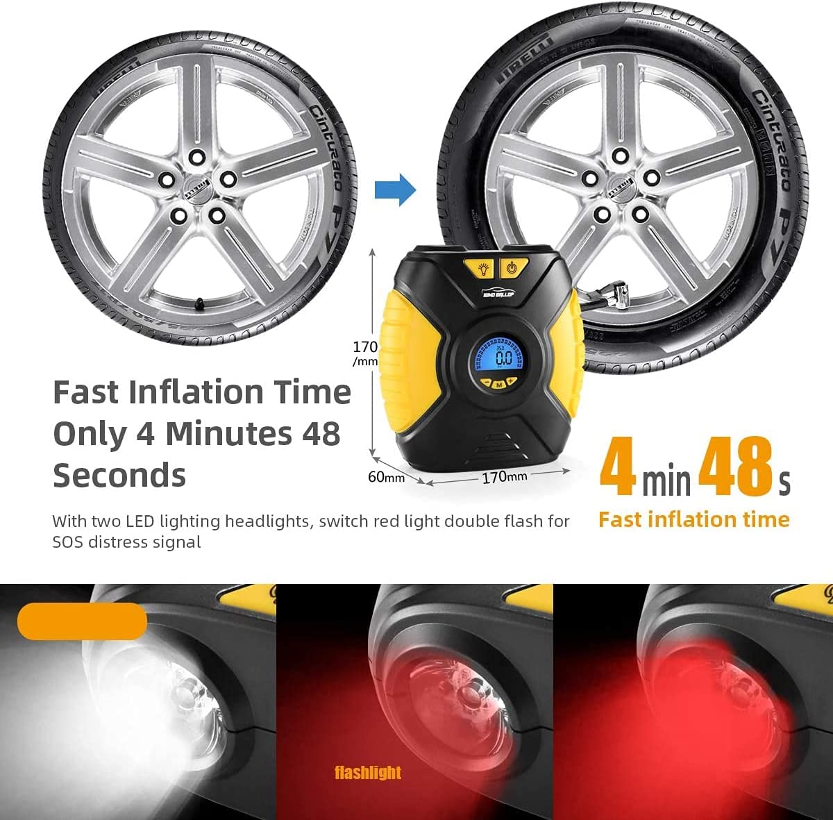 WindGallop Digital Car Tire Inflator Portable Air Compressor for Car Tire Pump Automatic 12v Electric Car Air Pump for Car Tires with Tire Pressure Gauge Valve Adaptors LED Light