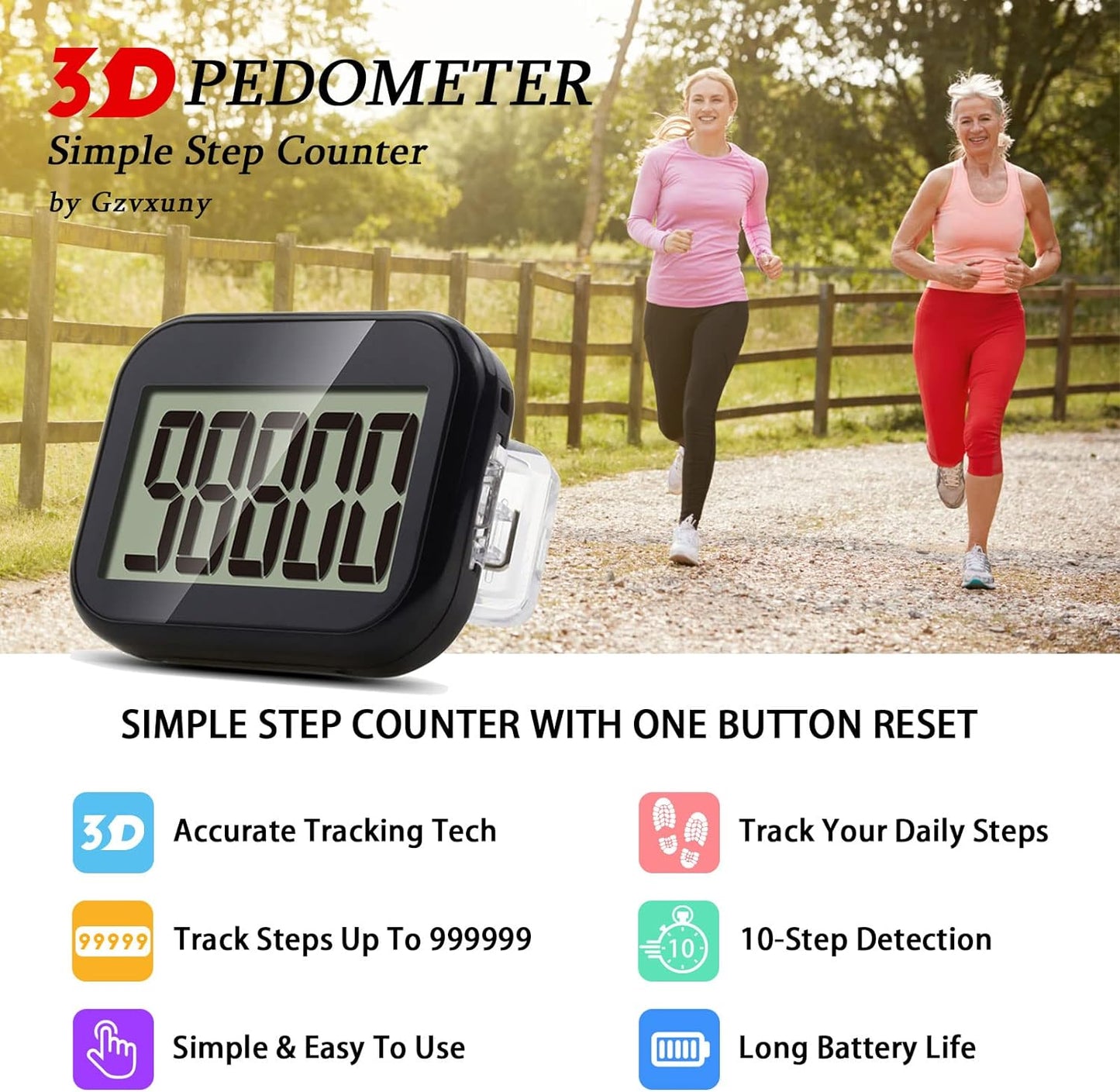 Gzvxuny Pedometer for Walking, Pedometer Clip On Step Counter with Large Display and Lanyard, Accurate Fitness Tracker, Pedometers for Steps Clip On for Seniors, Kids, Men and Women (Black)