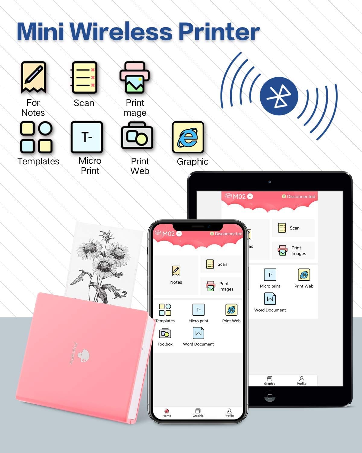 Phomemo Mini Pocket Printer - M02 Bluetooth Wireless Thermal Sticker Printer for Phone, Compatible with iOS & Android, Fun Gift for Christmas New Year, for Retro-Style Photos, Child Painting,Pink