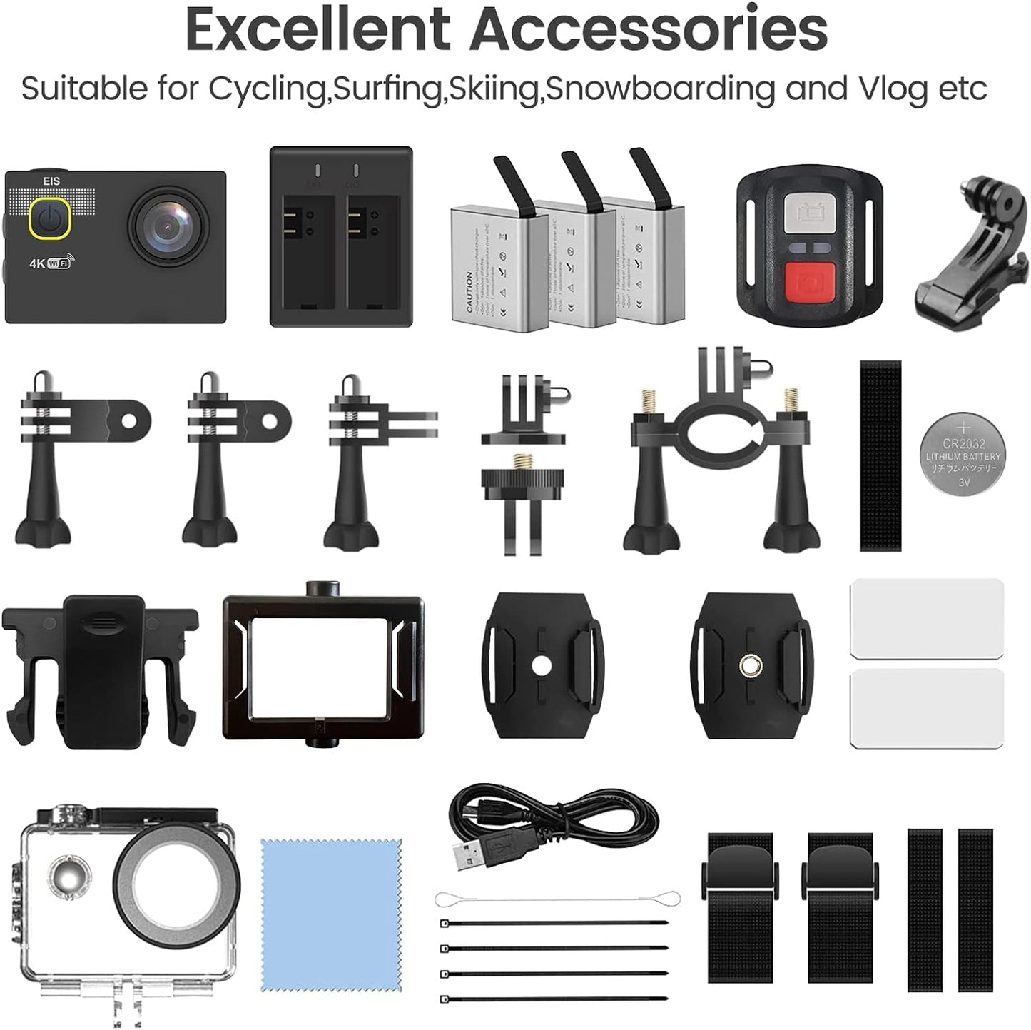 HCAM20 EIS Action Sports Camera with Accessories Mount Kit 3 1350mAh Batteries,HD WiFi Remote Underwater Camera with Waterproof Case,Outdoor Video Action Camera 4k with Wide Angle Lens