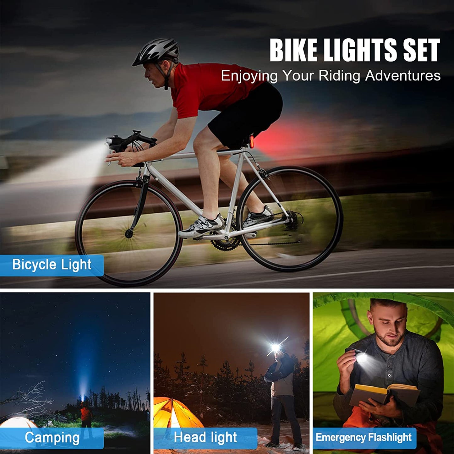 مجموعة مصابيح دراجة LED، مصابيح دراجة قابلة لإعادة الشحن عبر USB، 6 أوضاع إضاءة دراجة، مصابيح دراجة مقاومة للماء، مصابيح ركوب الدراجات الأمامية والخلفية، مصباح دراجة جبلية، مصباح دراجة طريق، ملحقات دراجة إلكترونية مع جرس إنذار