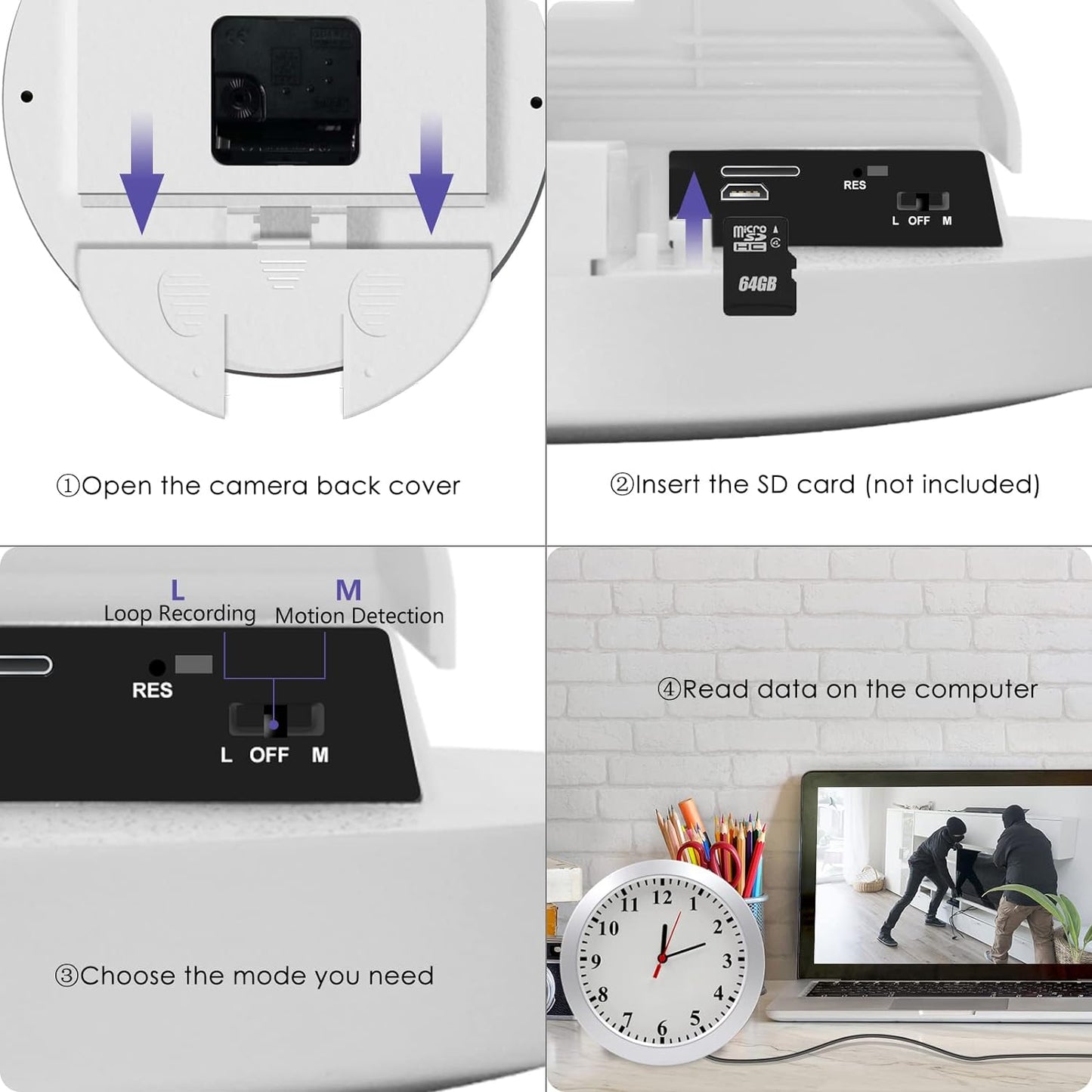 ساعة كاميرا خفية، كاميرا تجسس عالية الدقة 1080 بكسل، ساعة حائط، كاميرا خفية مع كشف الحركة لأمن المنزل/المكتب، كاميرا مربية مخفية، بدون وظيفة واي فاي