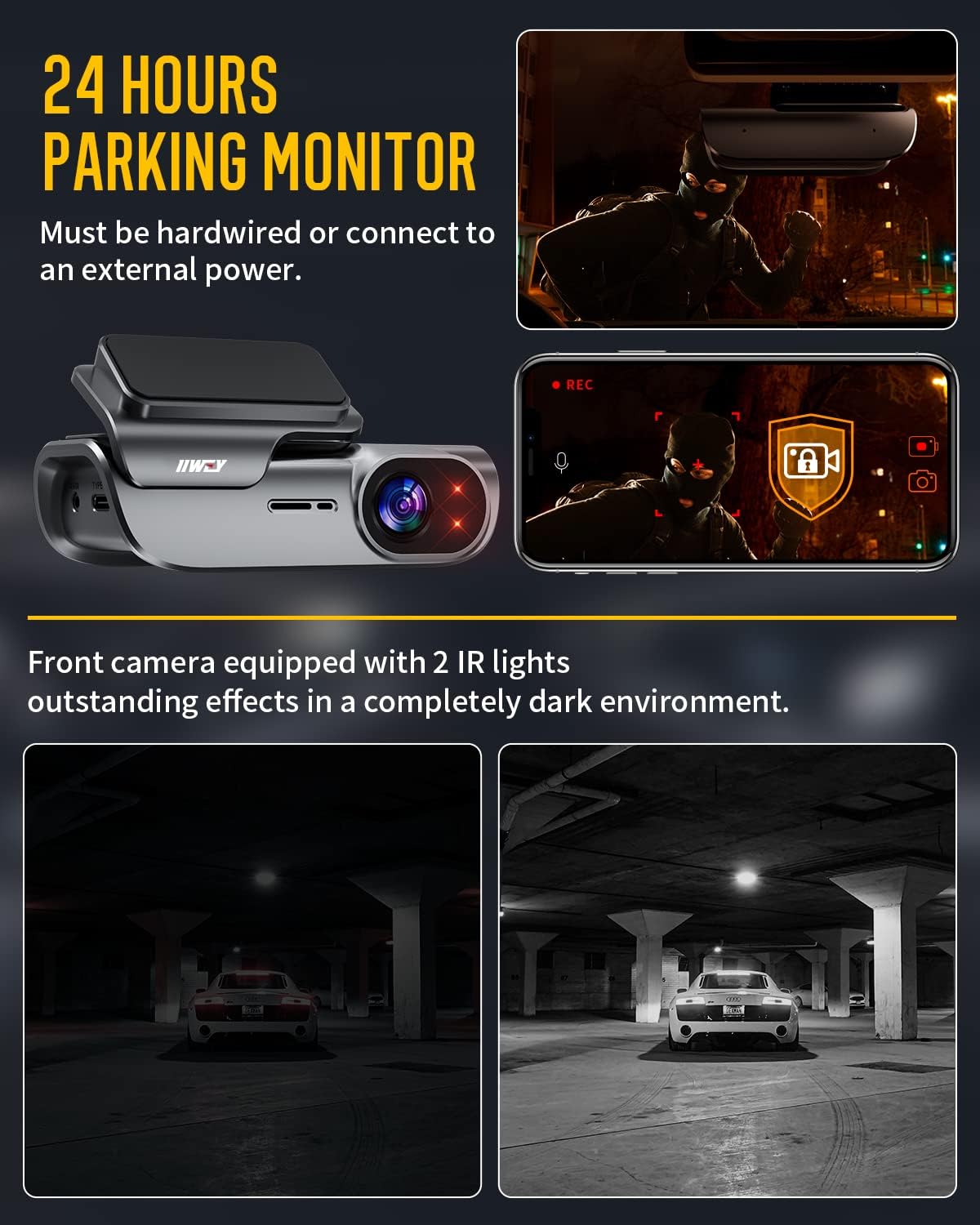 IIWEY EY02 4K Dash Cam Front and Rear Built-in 5GHz WiFi, Dual Dash Cam Front 4K Rear 1080P Car Camera, Free 64GB SD Card, Super Night Vision, App Control, Supercapacitor, Parking Mode, USB C Port