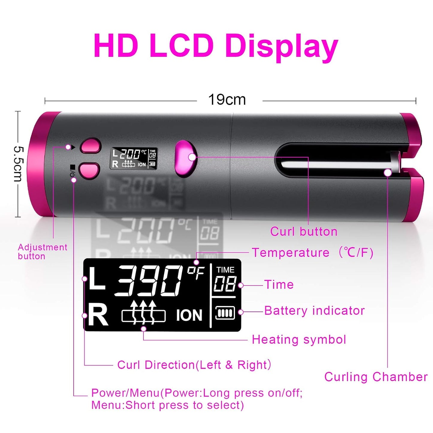 Fezax Cordless Auto Hair Curler, Automatic Curling Iron with LCD Display Adjustable Temperature & Timer, Portable Rechargeable Rotating Ceramic Barrel Curling Wand Fast Heating for Hair Styling