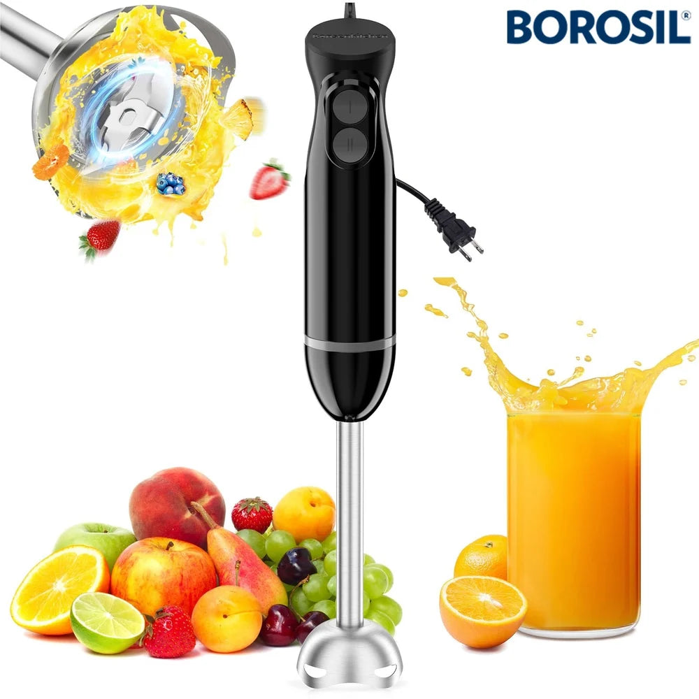 Borosil Masterblend SW22 Hand Blender With Chopper, Electric Hand Blender, Dual Speed Options, Stainless Steel Blades, For Blending & Pureeing, 500 W, Black