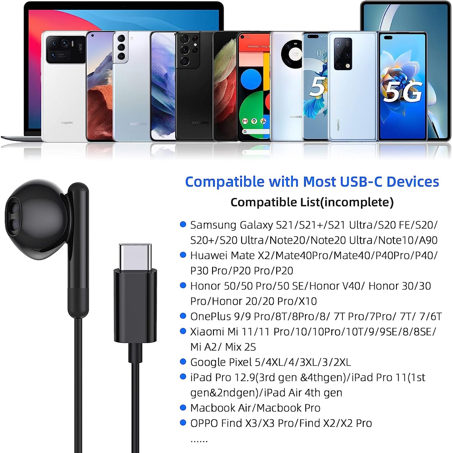 BENEWY USB C Headphone, USB Type C Earphones in-Ear USB C Earbuds Wired Headphones with Microphone and Volume Control for Samsung Galaxy S21 Ultra S20 FE Note 10 Google Pixel 6 Pro 5 4XL Oneplus 9 8T