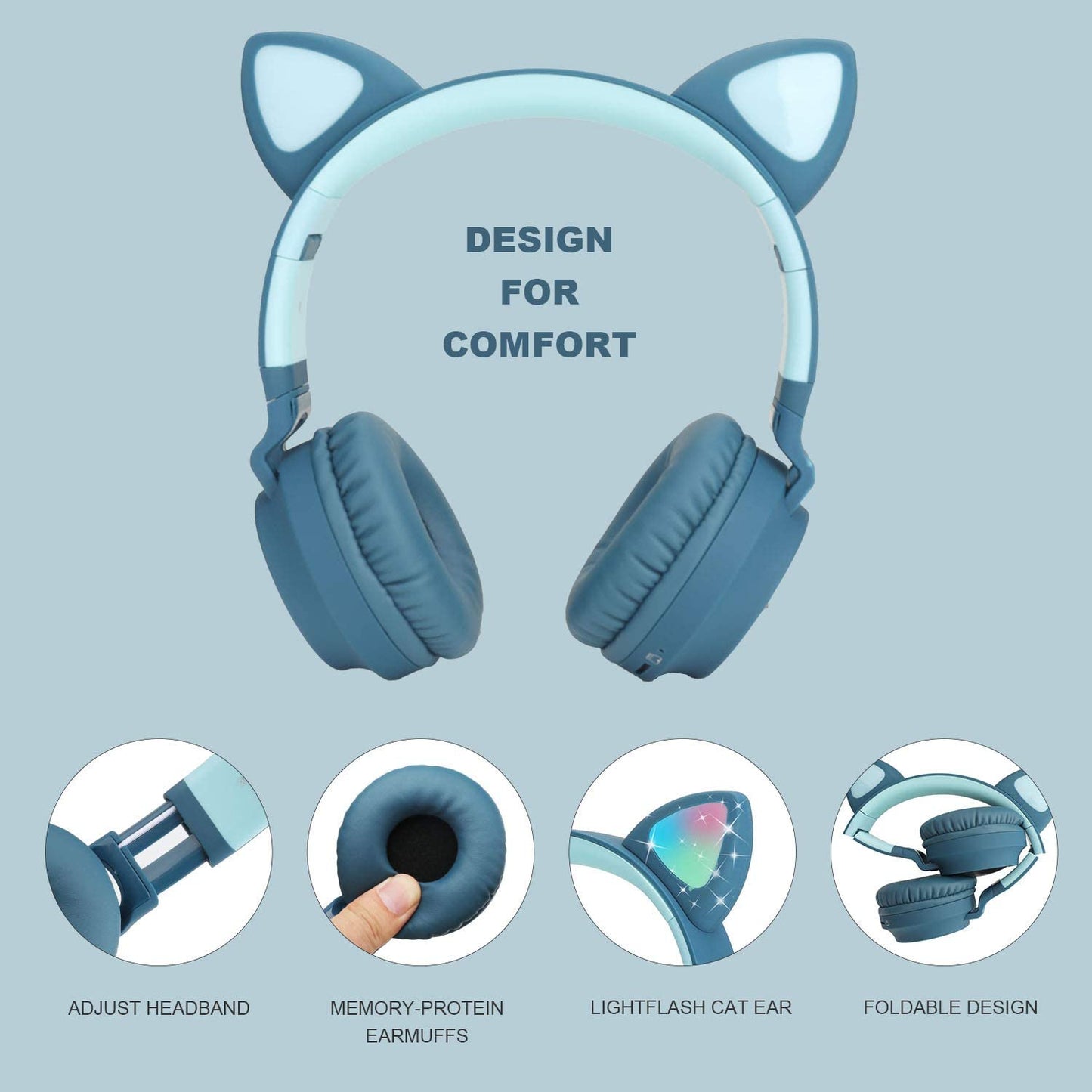 Kids Cat Ear Headphones,Wireless Bluetooth Headphones with Flashing Led Light, SD Card Slot, FM,3.5 mm Audio Jack Wired Kids On Ear Headphones for Boys Girls Adults(Dark Blue)