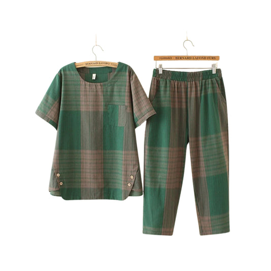 Summer Women Two Piece Pant Set Stripe Round Neck Button Design T-Shirt Pant Outfit