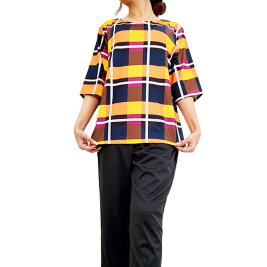 Plaid Comfort Set Women Two Piece Round Neck Design T-Shirt Pant Outfit