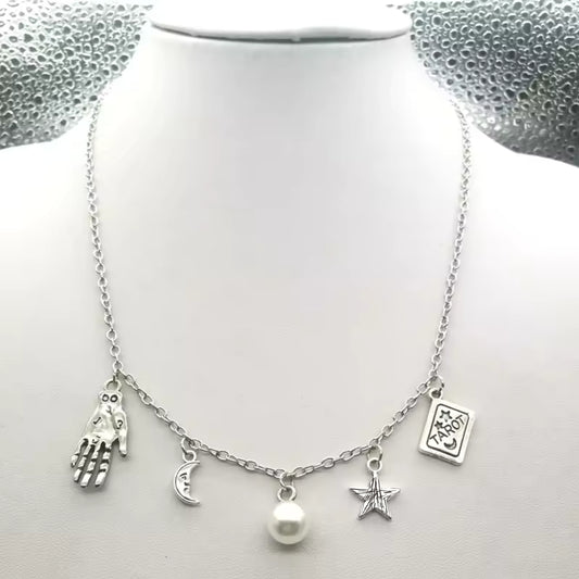 Natural Moonstone Crystal Ball Necklace with Palmistry Charms, Moon and Stars,Wicca,Witch,Pagan,Gypsy,Magic,Fortune Teller