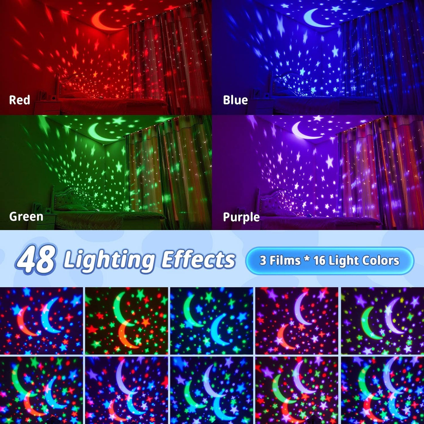 One Fire Night Light for Kids, 48 Lighting Modes Star Lights for Bedroom, 360° Rotating+3 Films Baby Night Light Projector, USB Rechargeable Kids Night Lights for Bedroom, Star Lights for Room Decor