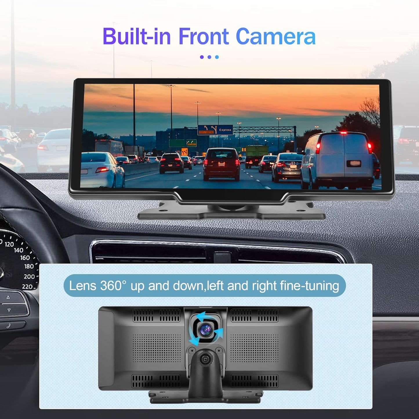 Dual Dash Cam Full HD 1080p Wireless Car Stereo with Apple CarPlay, Dash Cam, and 1080P Backup Camera. Portable Touchscreen GPS Navigation for Car, Bluetooth, AirPlay, AUX/FM, Google, Siri. Car Stereo Receiver