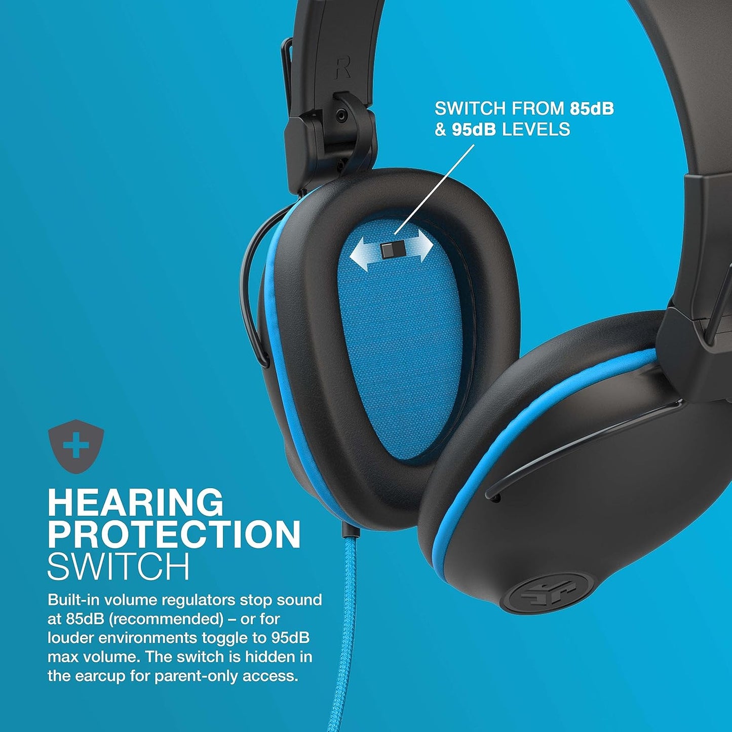 JLab JBuddies Pro Wired Over-Ear Kids Headphones, Built-in Volume Regulators for Safety, Folding, Adjustable, Noise Isolation, with Mic, Blue