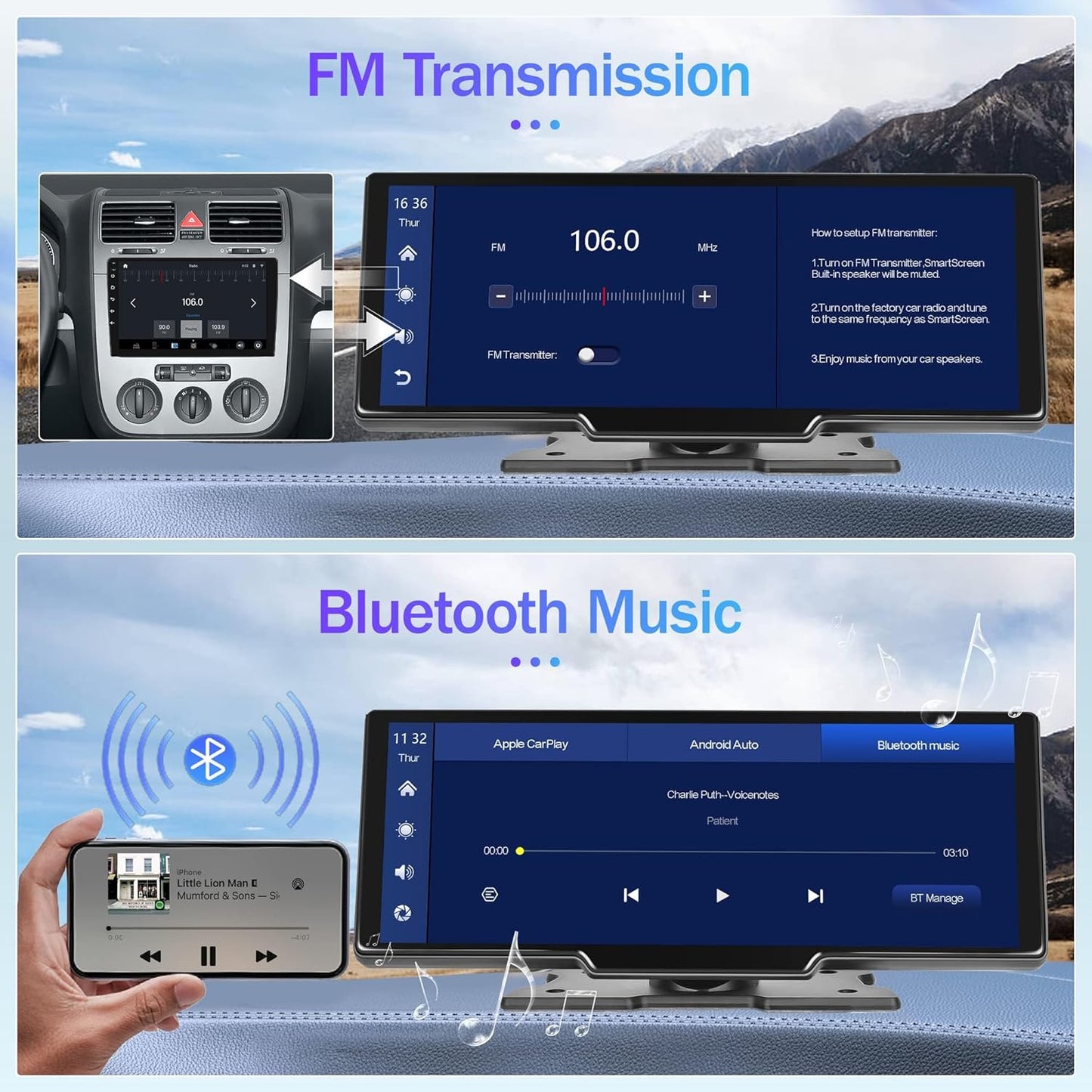 Dual Dash Cam Full HD 1080p Wireless Car Stereo with Apple CarPlay, Dash Cam, and 1080P Backup Camera. Portable Touchscreen GPS Navigation for Car, Bluetooth, AirPlay, AUX/FM, Google, Siri. Car Stereo Receiver
