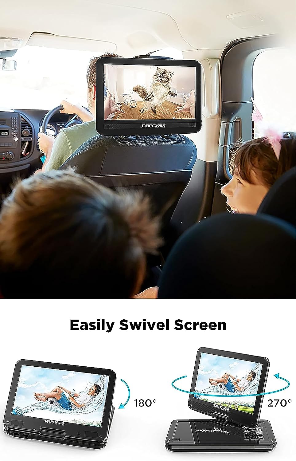 DBPOWER 12.5" Portable DVD Player with 10.5" Swivel Screen Car Built-in 5 Hours Rechargeable Battery, Supports All-Region, Earphone/SD Card/USB/AV-in/AV-out, Direct Play in Formats AVI/RMVB/MP3/JPEG