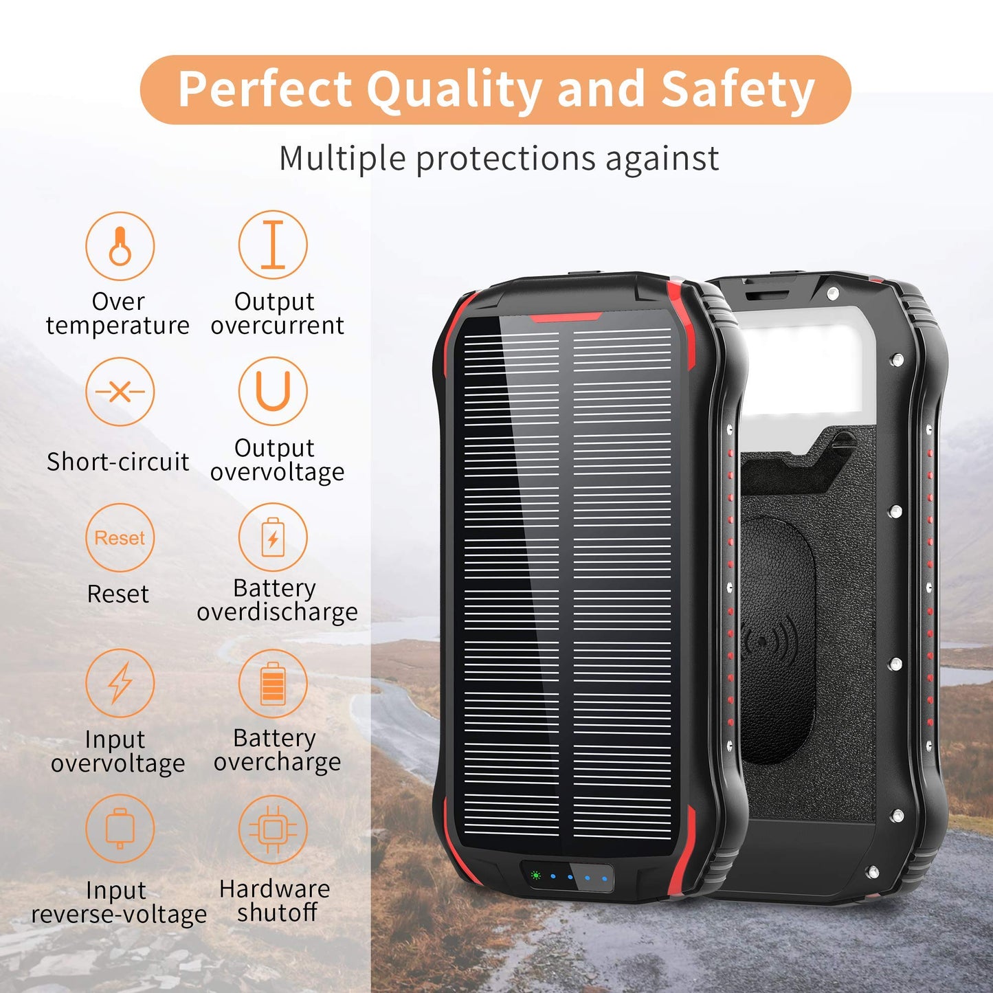 Solar Charger, Power Bank, 26800mAh QC 3.1A Fast Charger 4 Outputs Type C Wireless Charghing Portable Phone LED Display Waterproof Battery Bank for iPhone Android Tablet Camping black i26w