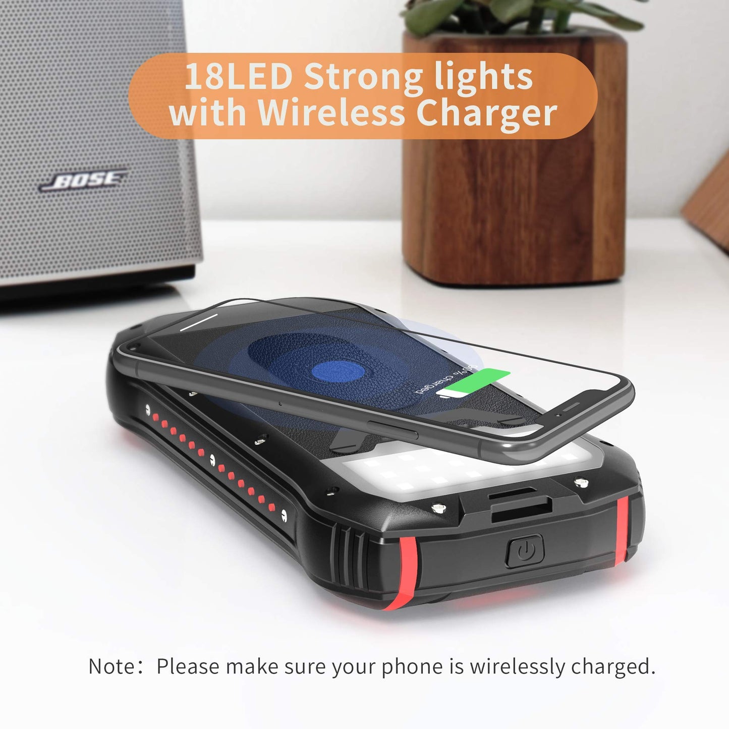 Solar Charger, Power Bank, 26800mAh QC 3.1A Fast Charger 4 Outputs Type C Wireless Charghing Portable Phone LED Display Waterproof Battery Bank for iPhone Android Tablet Camping black i26w