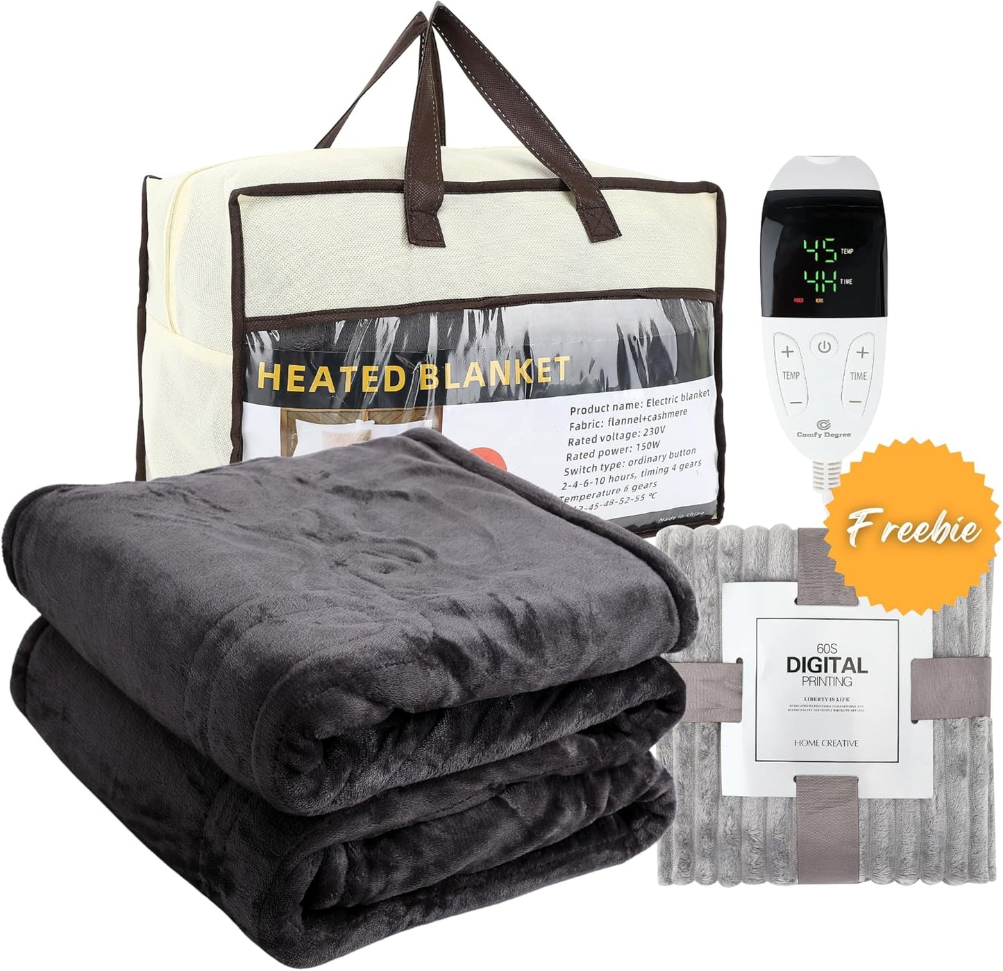 Electric Blanket 150x180cm Heated Throw Blanket with 6 Heat Levels & Up to 9 Hours Timer Flannel Sherpa Fast Heating | Machine Washable Comes with Lap Blanket | Double to King | Grey