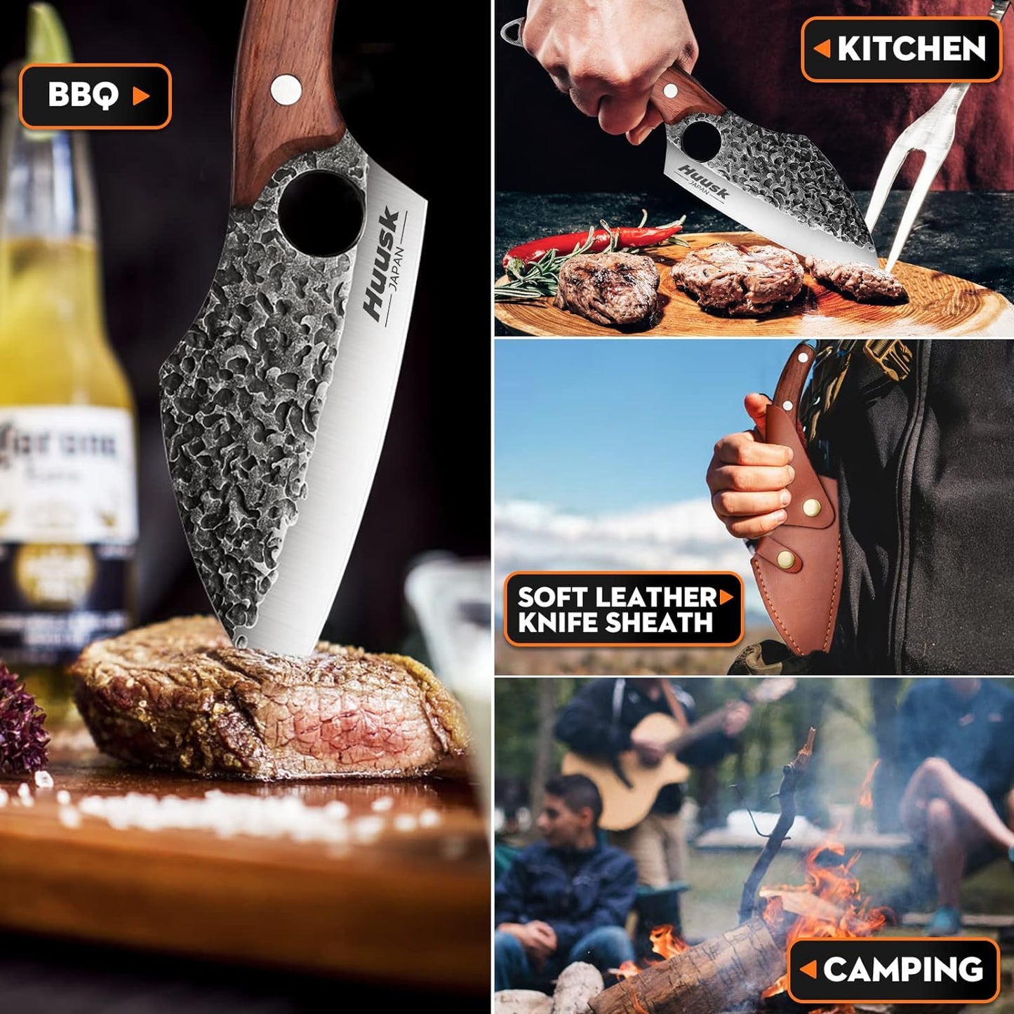 Huusk Knives, Hand Forged Meat Cleaver Butcher Knife for Meat Cutting, Japanese Kitchen Viking Knife with Sheath, Cooking Knife for Kitchen and Outdoor Camping, Thanksgiving