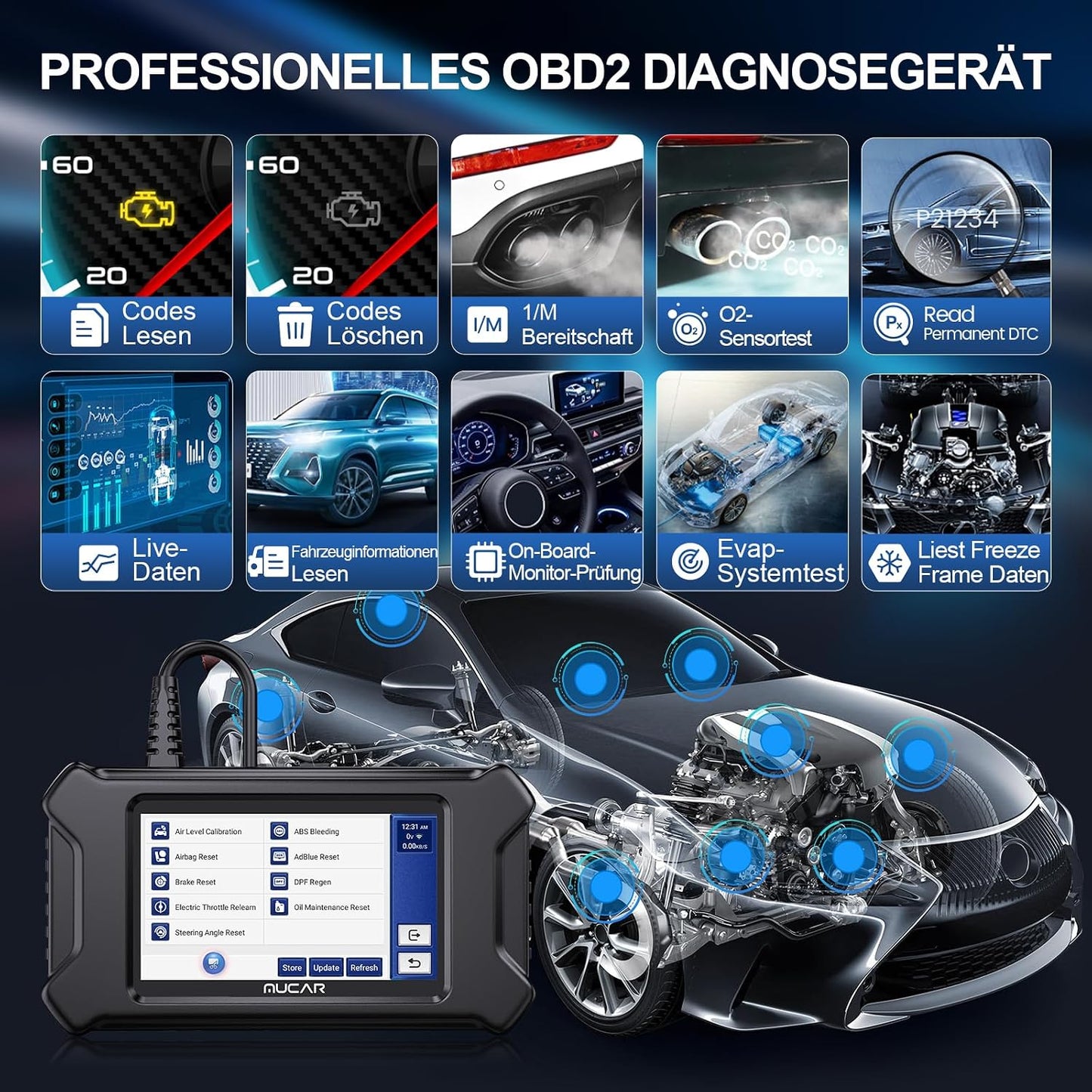 MUCAR CS5 Car Diagnostic Device, OBD2 Diagnostic Tool with 5 System Diagnostics (ECM/SRS/ABS/BCM/TCM), Car Diagnostic Tool for AutoVIN, Android 7.0, Free Updates