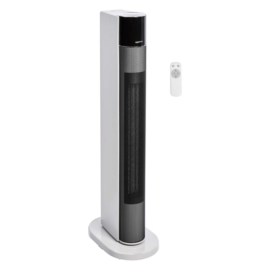 Amazon Basics ECO Oscillating Portable Tower Heater, 2 Fan Speeds, 3 Heat Settings, Timer and Remote Control, with UK plug, 2200W, White
