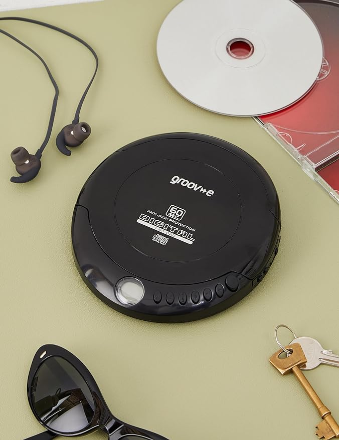 Groov-e RETRO Compact CD Player - Personal Music Player with CD-R & CD-RW Playback - Anti-Skip Protection, Programmable Tracks - Earphones Included - Micro-USB or Battery Powered - Black