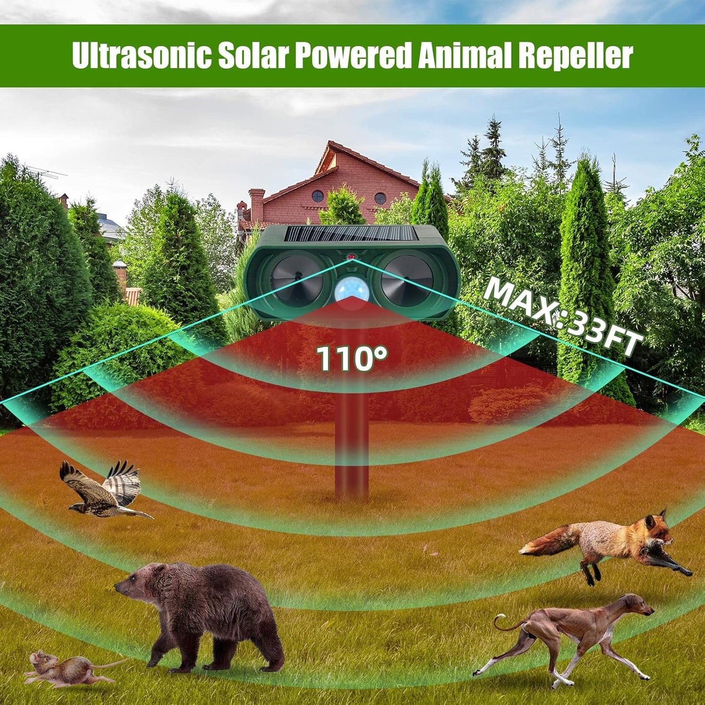 Solar Ultrasonic Animal Repellent, Cat Repellent Outdoor, Deer Repellent Devices with Motion Detection Waterproof Animal Repeller, Keep Raccoon, Skunk, Rabbit Dog Out of Yard Lawn Garden